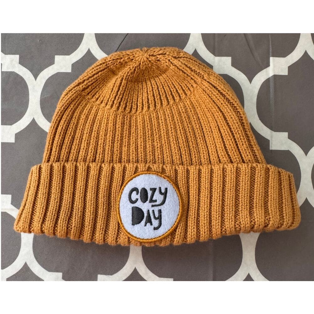 New NORDSTROM Baby Tan Cinnamon Cozy Day Patch Ribbed Beanie Hat Size 12-24M
